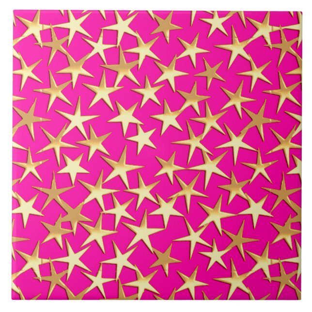 Gold stars on fuchsia pink tile (Front)