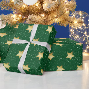 Gold Stars On Green With Snowflakes  Wrapping Paper