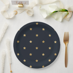 Gold Stars on Midnight Black Paper Plate