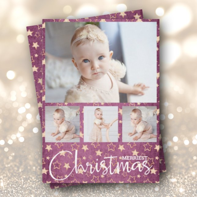 Gold Stars on Purple Multiple Photo Christmas Holiday Card (Creator Uploaded)