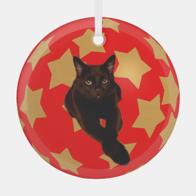 Gold Stars on Red with Black Cat's Photo Glass Tree Decoration (Front)