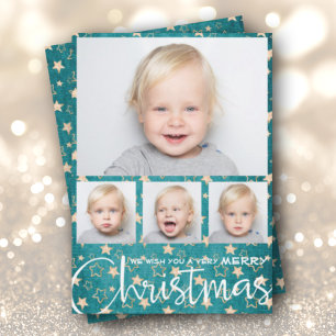 Gold Stars on Turquoise Multiple Photo Christmas Holiday Card