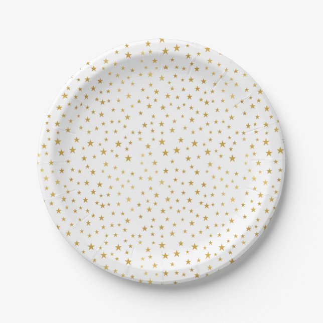 Gold Stars on White party or baby shower plates (Front)