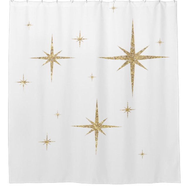 Gold Stars on White Shower Curtain (Front)