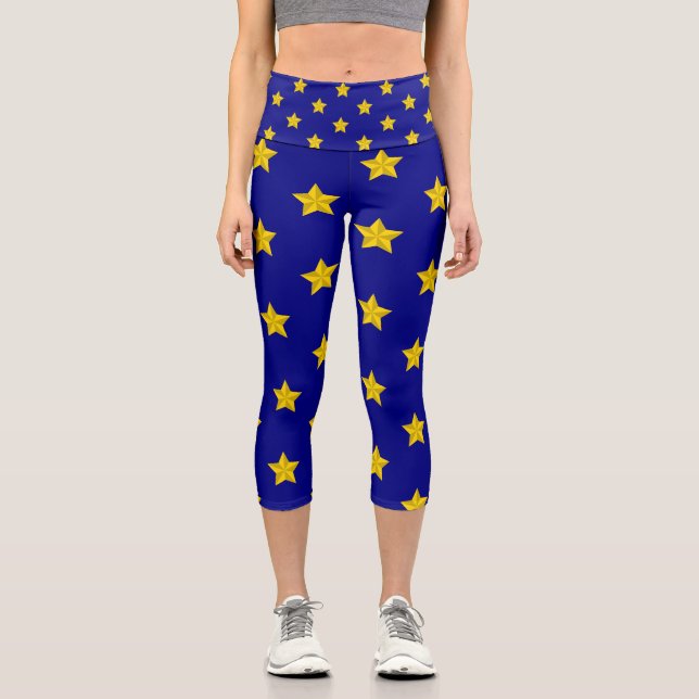 Gold Stars Pattern, Navy Blue, Exclusive Capri Leggings (Front)
