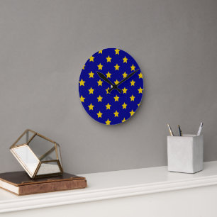 Gold Stars Pattern, Navy Blue, Exclusive Round Clock