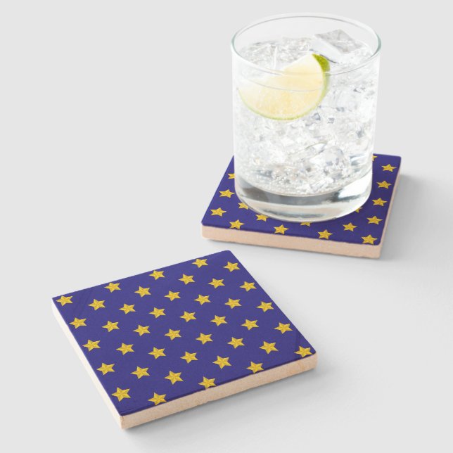 Gold Stars Pattern, Navy Blue, Exclusive Stone Coaster (Side)