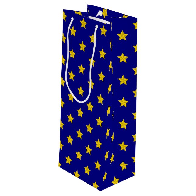 Gold Stars Pattern, Navy Blue, Exclusive Wine Gift Bag (Back Angled)