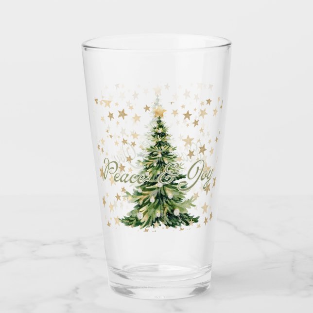 Gold Stars Peace And Joy Green Christmas Tree Glass (Front)