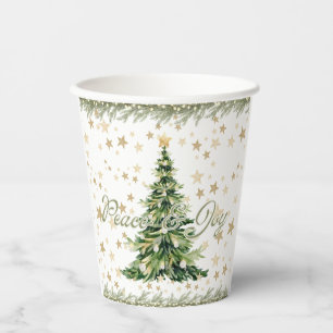 Gold Stars Peace And Joy Green Christmas Tree Paper Cups
