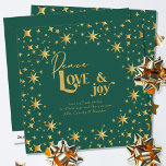 Gold Stars Peace Love and Joy Simple Elegant Green Holiday Card<br><div class="desc">Modern and elegant personalized holiday card,  decorated with gold stars and lettered in script calligraphy and festive typography. Simple minimal typography design framed with an abundance of golden stars. The template is ready for you to personalize the greeting and add your name(s).</div>