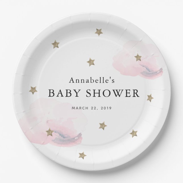 Gold Stars & Pink Clouds Baby Shower Paper Plate (Front)