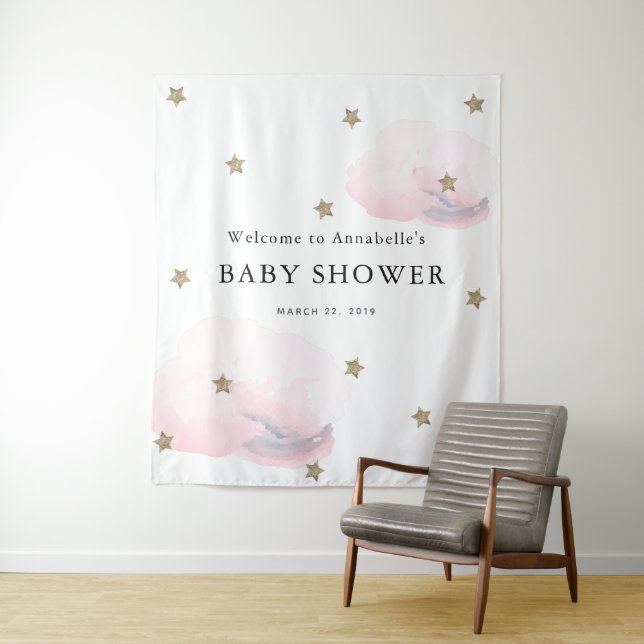 Gold Stars & Pink Clouds Baby Shower Tapestry (In Situ)