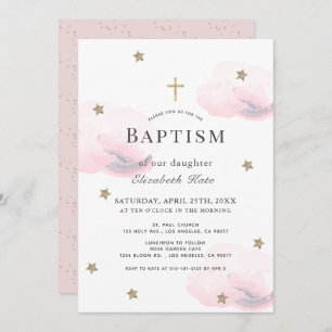Gold Stars & Pink Clouds Girl Baptism Invitation