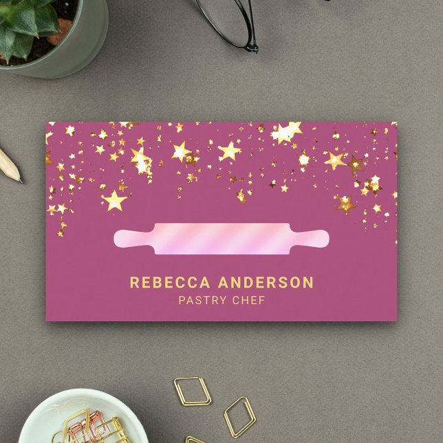 Gold Stars Pink Rolling Pin Pastry Chef Bakery Business Card (Creator Uploaded)