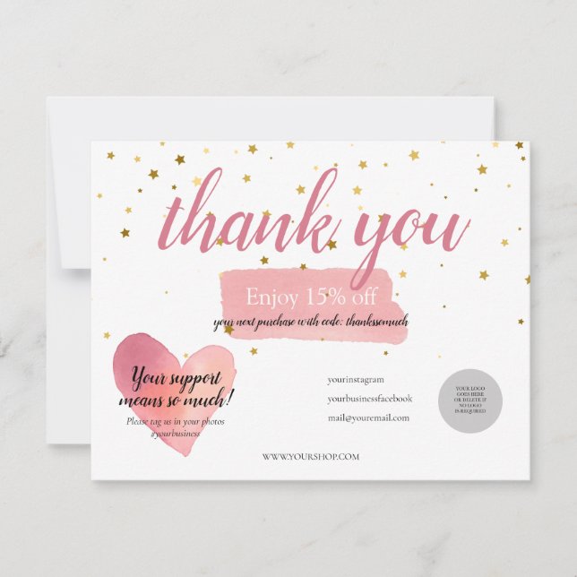 Gold Stars Pink Watercolor Thank You Discount (Front)