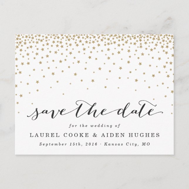 Gold Stars Rustic Modern Save the Date Announcement Postcard (Front)