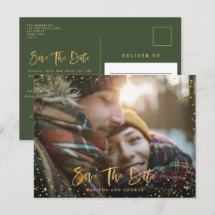 Gold stars script photo modern wedding announcement postcard