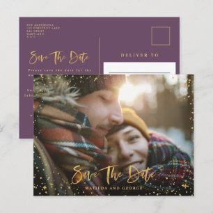 Gold stars script photo modern wedding announcement postcard