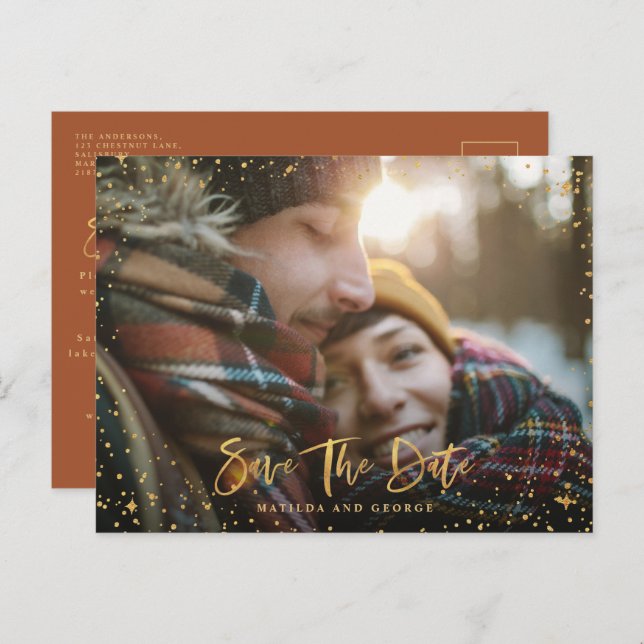 Gold stars script photo modern wedding announcement postcard (Front/Back)