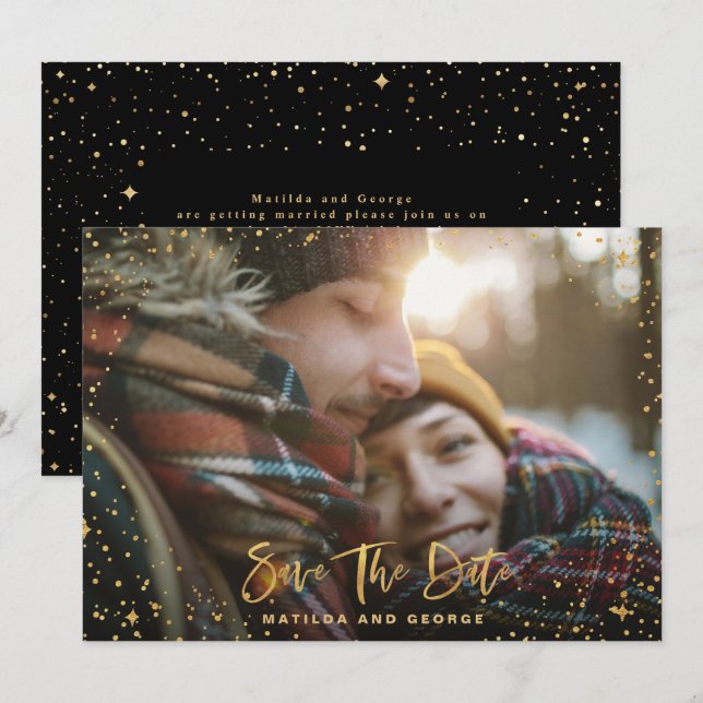 Gold stars script photo modern wedding save the date (Front/Back)
