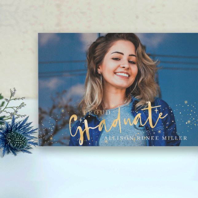 Gold Stars Script Proud Graduate Photo Graduation  Invitation (Creator Uploaded)