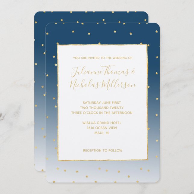 Gold Stars Sky Shine Bright Ombre Wedding Invitation (Front/Back)