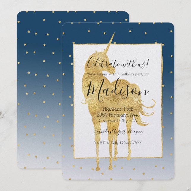 Gold Stars Sky Shine Bright Unicorn Ombre Birthday Invitation (Front/Back)