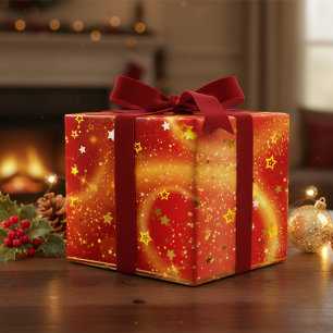 Gold Stars Sparkles and Light on Red Wrapping Paper Sheet