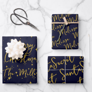Gold Stars & Sparkles Personalised Dark Blue Wrapping Paper Sheet