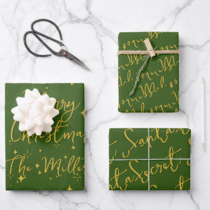 Gold Stars & Sparkles Personalised Green Wrapping Paper Sheet