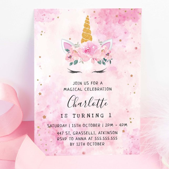 Gold Stars Teal Pink Unicorn Birthday Invitation (Creator Uploaded)