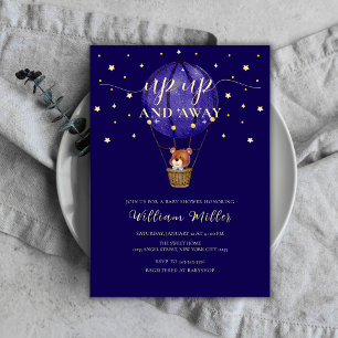 Gold Stars Teddy Bear Hot Air Balloon Baby Shower Invitation