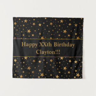 Gold Stars With Message On Black Birthday Tapestry