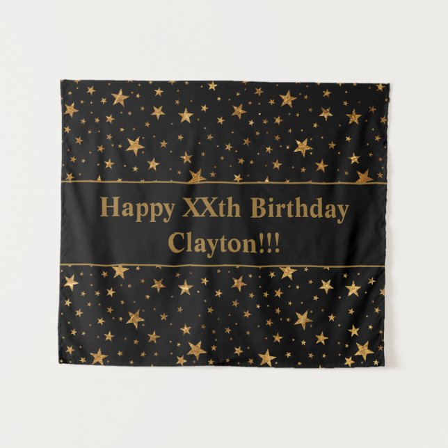 Gold Stars With Message On Black Birthday Tapestry (Front (Horizontal))
