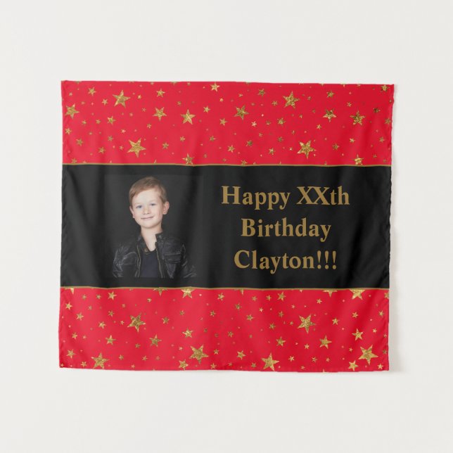 Gold Stars With Message Photo On Red Birthday Tapestry (Front (Horizontal))