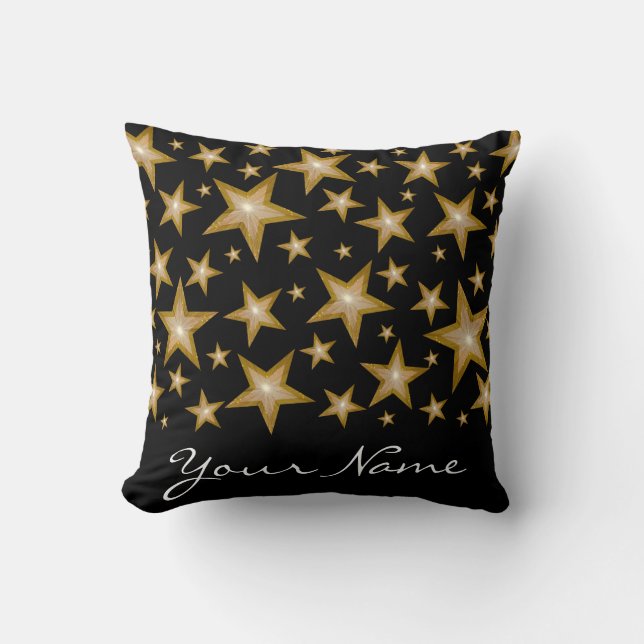 "Gold" Stars 'Your Name' throw pillow square black (Front)