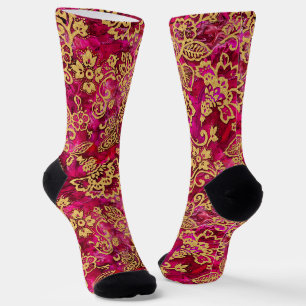 Gold Stencil Floral and Textured Pink Ground Socks