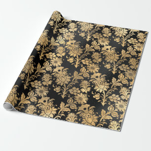 Gold Stencil Flowers on Black Wrapping Paper