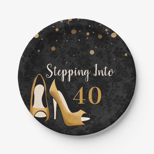 Gold Stepping into 40 Woman's Birthday Party Paper Plate (Front)