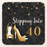 Gold Stepping into 40 Woman's Birthday Party Square Paper Coaster<br><div class="desc">Stepping into 40 Gold Foil Confetti and Shoes 40th Birthday Party Coasters. These modern and elegant woman's birthday party coasters are perfect for a Stepping into Forty Birthday Party Celebration. The coasters include gold shoes, golden foil confetti, black damask background and white script typography. Please contact the designer for customised...</div>