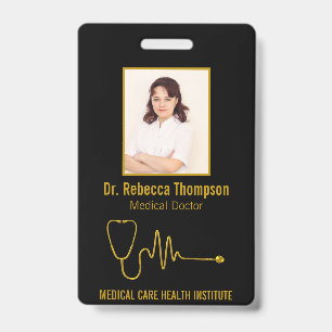 Gold Stethoscope ECG Wave EKG Line   Photo ID Badge