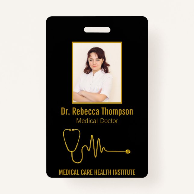 Gold Stethoscope ECG Wave EKG Line | Photo ID ID Badge (Front)