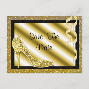 Gold Stiletto & Streamers 50th Save The Date Announcement Postcard