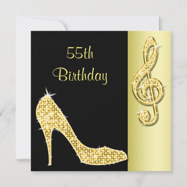 Gold Stiletto & Treble Cleft 55th Birthday Invitation (Front)