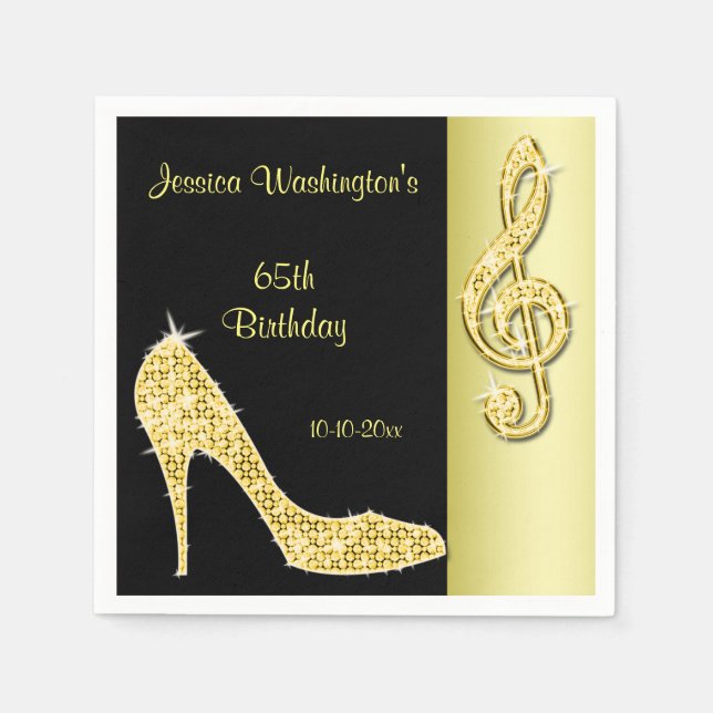 Gold Stiletto & Treble Cleft 65th Birthday Napkin (Front)