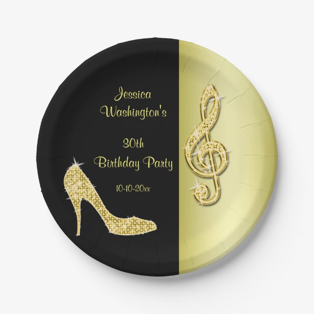 Gold Stiletto & Treble Cleft Birthday Paper Plate (Front)