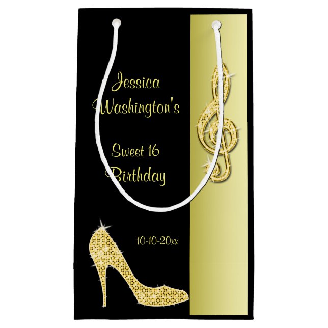 Gold Stiletto & Treble Cleft Sweet 16 Birthday Small Gift Bag (Front)