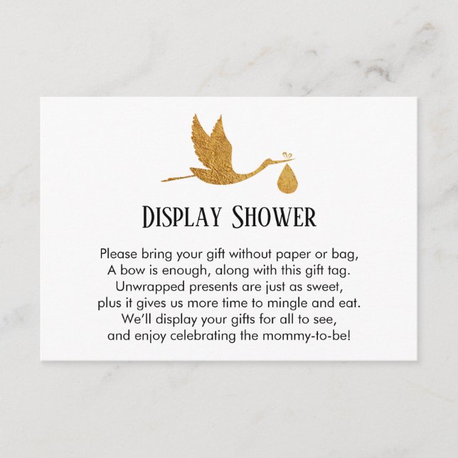 Gold Stork Display Baby Shower Insert Gift Card (Front)