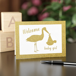 Gold Stork Welcome Girl Baby Congratulations Card